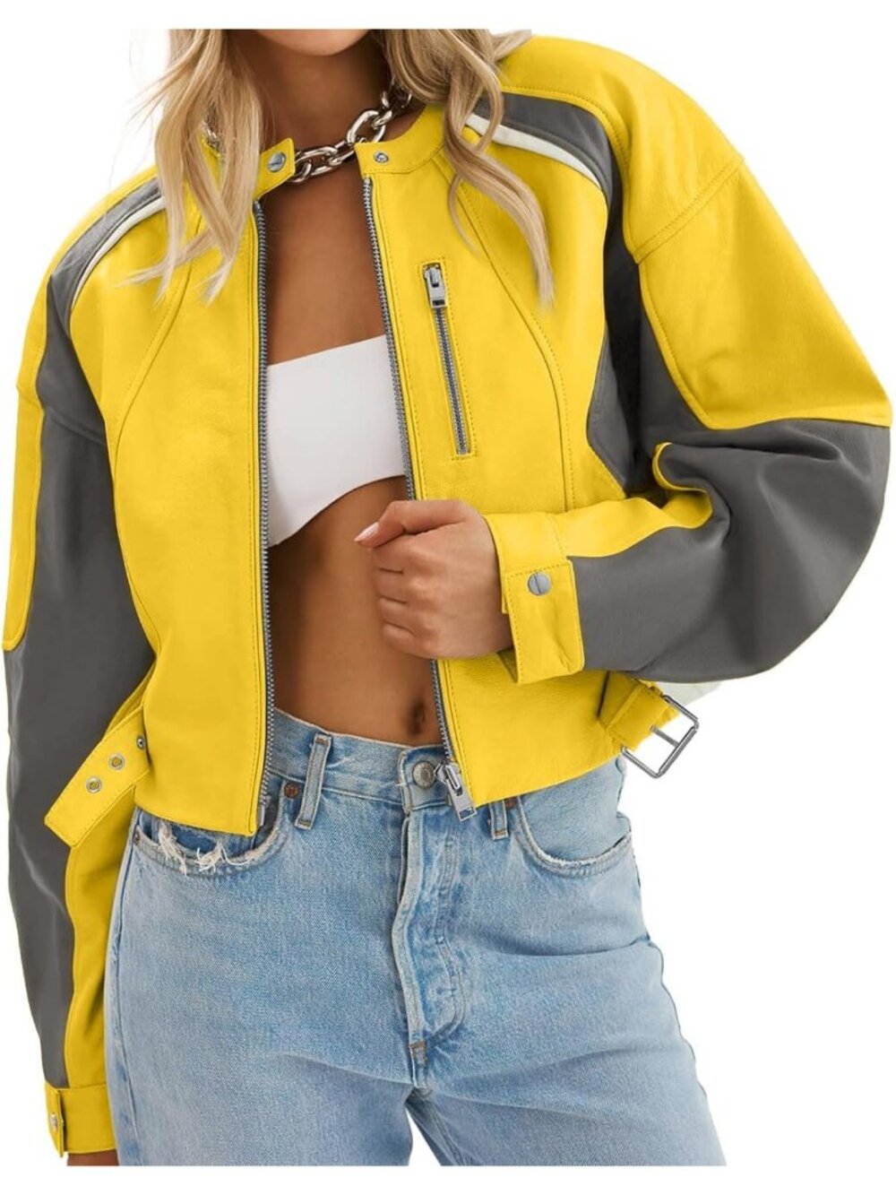 Women's Yellow Faux Leather Bomber Jacket Cropped Zip Up Color Block Moto Jacket